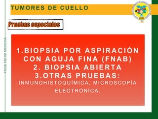 FACULTADDEMEDICINA
T U M O R E S D E C U E L L O
Pruebas especiales
1 . B I O P S I A P O R A S P I R A C I Ó N
C O N A G U J A F I N A ( F N A B )
2 . B I O P S I A A B I E R T A
3 . O T R A S P R U E B A S :
I N M U N O H I S T O Q U Í M I C A , M I C R O S C O P Í A
E L E C T R Ó N I C A .
 