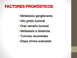 FACTORES PRONÓSTICOS
• Metástasis ganglionares
• Alto grado tumoral
• Gran tamaño tumoral
• Metástasis a distancia
• Tumores recurrentes
• Etapa clínica avanzada
 