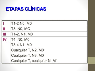 ETAPAS CLÍNICAS
I T1-2 N0, M0
II T3, N0, MO
III T1-2, N1, M0
IV T4, N0, M0
T3-4 N1, M0
Cualquier T, N2, M0
Cualquier T, N3, M0
Cualquier T, cualquier N, M1
 