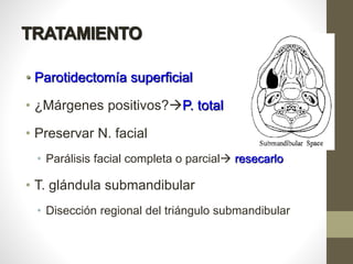 TRATAMIENTO
• Parotidectomía superficial
• ¿Márgenes positivos?P. total
• Preservar N. facial
• Parálisis facial completa o parcial resecarlo
• T. glándula submandibular
• Disección regional del triángulo submandibular
 