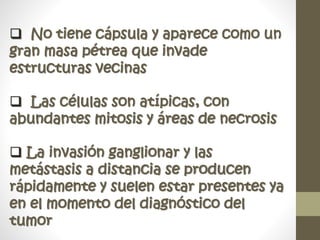  No tiene cápsula y aparece como un
gran masa pétrea que invade
estructuras vecinas
 Las células son atípicas, con
abundantes mitosis y áreas de necrosis
 La invasión ganglionar y las
metástasis a distancia se producen
rápidamente y suelen estar presentes ya
en el momento del diagnóstico del
tumor
 