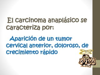 El carcinoma anaplásico se
caracteriza por:
Aparición de un tumor
cervical anterior, doloroso, de
crecimiento rápido
 