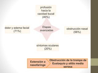 Etapas
avanzadas
dolor y edema facial
(71%)
obstrucción nasal
(56%)
profusión
hacia la
cavidad bucal
(40%)
síntomas oculares
(20%)
Extensión a
nasofaringe
Obstrucción de la trompa de
Eustaquio y otitis media
serosa
 