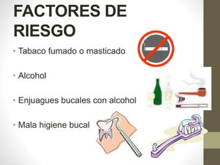 FACTORES DE
RIESGO
• Tabaco fumado o masticado
• Alcohol
• Enjuagues bucales con alcohol
• Mala higiene bucal
 