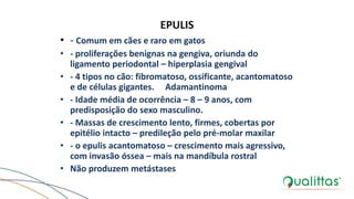 EPULIS
• - Comum em cães e raro em gatos
• - proliferações benignas na gengiva, oriunda do
ligamento periodontal – hiperplasia gengival
• - 4 tipos no cão: fibromatoso, ossificante, acantomatoso
e de células gigantes. Adamantinoma
• - Idade média de ocorrência – 8 – 9 anos, com
predisposição do sexo masculino.
• - Massas de crescimento lento, firmes, cobertas por
epitélio intacto – predileção pelo pré-molar maxilar
• - o epulis acantomatoso – crescimento mais agressivo,
com invasão óssea – mais na mandíbula rostral
• Não produzem metástases
 