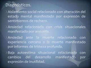 Diagnósticos.Aislamiento social relacionado con alteración del estado mental manifestado por expresión de sentimientos de rechazo.Ansiedad relacionada con crisis situacionales manifestado por angustia.Ansiedad ante la muerte relacionado con experiencia cercana a la muerte manifestado por informes de tristeza profunda.Baja autoestima situacional relacionado con cambios del desarrollo manifestado por expresión de inutilidad.
