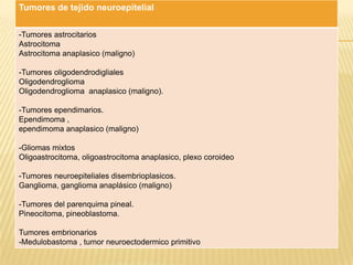 Tumores de tejido neuroepitelial


-Tumores astrocitarios
Astrocitoma
Astrocitoma anaplasico (maligno)

-Tumores oligodendrodigliales
Oligodendroglioma
Oligodendroglioma anaplasico (maligno).

-Tumores ependimarios.
Ependimoma ,
ependimoma anaplasico (maligno)

-Gliomas mixtos
Oligoastrocitoma, oligoastrocitoma anaplasico, plexo coroideo

-Tumores neuroepiteliales disembrioplasicos.
Ganglioma, ganglioma anaplásico (maligno)

-Tumores del parenquima pineal.
Pineocitoma, pineoblastoma.

Tumores embrionarios
-Medulobastoma , tumor neuroectodermico primitivo
 