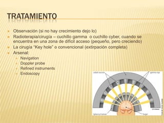 TRATAMIENTO
   Observación (si no hay crecimiento dejo lo)
   Radioterapia/cirugía – cuchillo gamma o cuchillo cyber, cuando se
    encuentra en una zona de difícil acceso (pequeño, pero creciendo)
   La cirugía “Key hole” o convencional (extirpación completa)
   Arsenal:
        Navigation
        Doppler probe
        Refined instruments
        Endoscopy
 