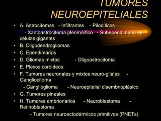 TUMORES
NEUROEPITELIALES
• A. Astrocitomas - Infiltrantes - Pilocíticos
- Xantoastrocitoma pleomórfico - Subependimario de
células gigantes
• B. Oligodendrogliomas
• C. Ependimarios
• D. Gliomas mixtos - Oligoastrocitoma
• E. Plexos coroideos
• F. Tumores neuronales y mixtos neuro-gliales -
Gangliocitoma
- Ganglioglioma - Neuroepitelial disembrioplásico
• G. Tumores pineales
• H. Tumores embrionarios - Neuroblastoma -
Retinoblastoma
- Tumores neuroectodérmicos primitivos (PNETs)
 