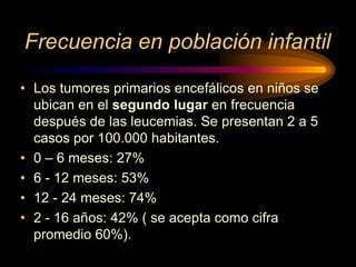 Frecuencia en población infantil
• Los tumores primarios encefálicos en niños se
ubican en el segundo lugar en frecuencia
después de las leucemias. Se presentan 2 a 5
casos por 100.000 habitantes.
• 0 – 6 meses: 27%
• 6 - 12 meses: 53%
• 12 - 24 meses: 74%
• 2 - 16 años: 42% ( se acepta como cifra
promedio 60%).
 