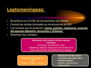 Leptomeníngeas:
• Se produce en el 5-8% de los pacientes con cáncer.
• Cuando las células tumorales se introducen en el LCR
• Los tumores que la producen: mama, pulmón, melanoma, tumores
del aparato digestivo, leucemias y linfomas.
• Síntomas muy variados:
Aumento de presión en
LCR:
cefalea, náuseas, vómitos
Afectación del cerebro o de los nervios
craneales:
Confusión, somnolencia, crisis
epilépticas, diplopía, hipoacusia, desviación de la
boca, alteraciones sensibilidad facial, disfagia
Afectación de las raíces
nerviosas que salen de la
médula espinal:
paresia, parestesia en
extremidades
 