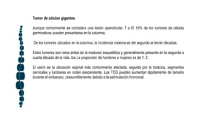 Tumor de células gigantes
Aunque comúnmente se considera una lesión apendicular, 7 a El 15% de los tumores de células
germinativas pueden presentarse en la columna.
De los tumores ubicados en la columna, la incidencia máxima es del segundo al tercer décadas.
Estos tumores son raros antes de la madurez esquelética y generalmente presente en la segunda a
cuarta década de la vida. los La proporción de hombres a mujeres es de 1: 2.
El sacro es la ubicación espinal más comúnmente afectada, seguida por la torácica, segmentos
cervicales y lumbares en orden descendente. Los TCG pueden aumentar rápidamente de tamaño
durante el embarazo, presumiblemente debido a la estimulación hormonal.
 