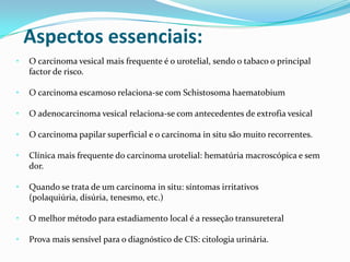 Aspectos essenciais:
•   O carcinoma vesical mais frequente é o urotelial, sendo o tabaco o principal
    factor de risco.

•   O carcinoma escamoso relaciona-se com Schistosoma haematobium

•   O adenocarcinoma vesical relaciona-se com antecedentes de extrofia vesical

•   O carcinoma papilar superficial e o carcinoma in situ são muito recorrentes.

•   Clínica mais frequente do carcinoma urotelial: hematúria macroscópica e sem
    dor.

•   Quando se trata de um carcinoma in situ: síntomas irritativos
    (polaquiúria, disúria, tenesmo, etc.)

•   O melhor método para estadiamento local é a resseção transureteral

•   Prova mais sensível para o diagnóstico de CIS: citologia urinária.
 