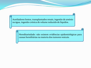 Acetiladores lentos, transplantados renais, ingestão de arsénio
na água, ingestão crónica de volume reduzido de líquidos.




      Hereditariedade: não existem evidências epidemiológicas para
      causas hereditárias na maioria dos tumores vesicais.
 