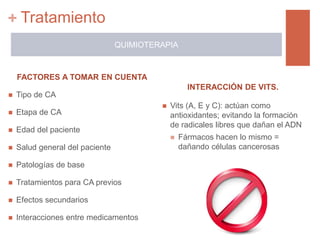 +
FACTORES A TOMAR EN CUENTA
 Tipo de CA
 Etapa de CA
 Edad del paciente
 Salud general del paciente
 Patologías de base
 Tratamientos para CA previos
 Efectos secundarios
 Interacciones entre medicamentos
INTERACCIÓN DE VITS.
 Vits (A, E y C): actúan como
antioxidantes; evitando la formación
de radicales libres que dañan el ADN
 Fármacos hacen lo mismo =
dañando células cancerosas
QUIMIOTERAPIA
Tratamiento
 
