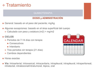 +
DOSIS y ADMINISTRACIÓN
 General: basado en el peso del paciente; mg/kg
 Algunas excepciones: basado en el área superficial del cuerpo
 Calculado con peso y estatura (m2) = mg/m2
 CICLOS
 Periodos de 7-14 días con terapia
 Consecutivos
 Interdiario
 Tras periodos sin terapia (21 días)
 Cambios dependientes
 Horas exactas
 Vía: Intraarterial, intravesical, intracavitaria, intrapleural, intrapleural, intraperitoneal,
intratectal, intralesional/intratumoral, tópica, oral
QUIMIOTERAPIA
Tratamiento
 