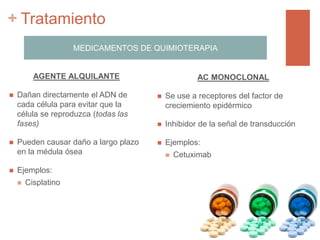 +
AGENTE ALQUILANTE
 Dañan directamente el ADN de
cada célula para evitar que la
célula se reproduzca (todas las
fases)
 Pueden causar daño a largo plazo
en la médula ósea
 Ejemplos:
 Cisplatino
AC MONOCLONAL
 Se use a receptores del factor de
creciemiento epidérmico
 Inhibidor de la señal de transducción
 Ejemplos:
 Cetuximab
MEDICAMENTOS DE QUIMIOTERAPIA
Tratamiento
 