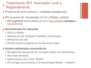 +
 Presencia de tumor primario + metástasis ganglionares
 NO se puede dar monoterapia con Cx o Radiox; combos
 Por lo general: Quimio-Radiox pre Cx o Quimio-Radiox (seriadas o
concomitantes)
 Quimioterapia de inducción
 Pre-Cx y Radiox
 Régimen de 3x3: Docetaxel, Cisplatino, Fluorouracilo
 Reducción casi total
 Permite preservar órganos en muchos de los casos
 Quimio-radioterapia concomitante
 Se doblan las fuerzas anti-CA; se cubren células anti-quimio/radiox
 Hay mayor toxicidad
 Supervivencia a los 5 años: 50-65%
 CA Laríngeo (preservación) y CA nasofaríngeo (Radiox + Cisplatin)
Tratamiento: Enf. Avanzada Local o
Regionalmente
 