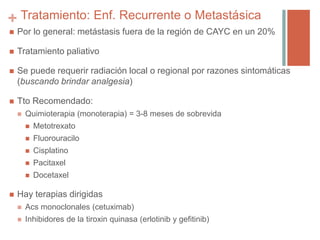 +
 Por lo general: metástasis fuera de la región de CAYC en un 20%
 Tratamiento paliativo
 Se puede requerir radiación local o regional por razones sintomáticas
(buscando brindar analgesia)
 Tto Recomendado:
 Quimioterapia (monoterapia) = 3-8 meses de sobrevida
 Metotrexato
 Fluorouracilo
 Cisplatino
 Pacitaxel
 Docetaxel
 Hay terapias dirigidas
 Acs monoclonales (cetuximab)
 Inhibidores de la tiroxin quinasa (erlotinib y gefitinib)
Tratamiento: Enf. Recurrente o Metastásica
 