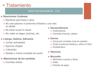 + Tratamiento
 Reacciones Cutáneas
 Mantener piel limpia y seca
 No usar jabones ni perfumes irritantes o con olor;
no afeitar
 No frotar la piel ni rascar
 No nadar en lagos, piscinas, etc.
 Letargo, Astenia, Adinamia
 Limitar actividades
 Ejercicio dirigido
 3 litros/día
 Siestas y noche completa de sueño
 Alteraciones de los sentidos
 Comidas ácidas
 Náuseas/Emesis
 Antieméticos
 Comidas livianas; caldos
 Diarrea
 Consumir comidas ricas en potasio
 Evitar productos lácteos y altos en fibra
 Antidiarréico
 Hiporexia
 Mucositis
 Alimentos suaves y tibios
 Pitillo
 Paletas de agua
EFECTOS ADVERSOS - TTO
 