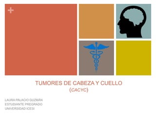 +
TUMORES DE CABEZA Y CUELLO
(CACYC)
LAURA PALACIO GUZMÁN
ESTUDIANTE PREGRADO
UNIVERSIDAD ICESI
 