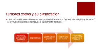 Tumores óseos y su clasificación
 Los tumores del hueso difieren en sus características macroscópicas y morfológicas y varían en
su evolución natural desde inocuos a rápidamente mortales.
 