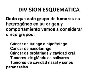 DIVISION ESQUEMATICA
Dado que este grupo de tumores es
heterogéneo en su origen y
comportamiento vamos a considerar
cinco grupos:
Cáncer de laringe e hipofaringe
Cáncer de nasofaringe
Cáncer de orofaringe y cavidad oral
Tumores de glándulas salivares
Tumores de cavidad nasal y senos
paranasales
 