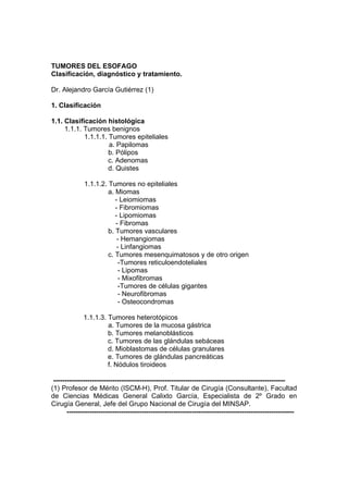 TUMORES DEL ESOFAGO
Clasificación, diagnóstico y tratamiento.
Dr. Alejandro García Gutiérrez (1)
1. Clasificación
1.1. Clasificación histológica
1.1.1. Tumores benignos
1.1.1.1. Tumores epiteliales
a. Papilomas
b. Pólipos
c. Adenomas
d. Quistes
1.1.1.2. Tumores no epiteliales
a. Miomas
- Leiomiomas
- Fibromiomas
- Lipomiomas
- Fibromas
b. Tumores vasculares
- Hemangiomas
- Linfangiomas
c. Tumores mesenquimatosos y de otro origen
-Tumores reticuloendoteliales
- Lipomas
- Mixofibromas
-Tumores de células gigantes
- Neurofibromas
- Osteocondromas
1.1.1.3. Tumores heterotópicos
a. Tumores de la mucosa gástrica
b. Tumores melanoblásticos
c. Tumores de las glándulas sebáceas
d. Mioblastomas de células granulares
e. Tumores de glándulas pancreáticas
f. Nódulos tiroideos
------------------------------------------------------------------------------------------------------
(1) Profesor de Mérito (ISCM-H), Prof. Titular de Cirugía (Consultante), Facultad
de Ciencias Médicas General Calixto García, Especialista de 2º Grado en
Cirugía General, Jefe del Grupo Nacional de Cirugía del MINSAP.
----------------------------------------------------------------------------------------------------
 