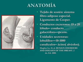 ANATOMÍATejido de sostén: sistema fibro-adiposo especial. Ligamento de Cooper.Conductos excretores: 15 a 20 lóbulo– conducto galactóforo—pezón.Unidades secretoras: lobulillos—10-1000 canalículos– ácino( alvéolos).Hughes Le. Et al. BENIGN DISORDERS AND DISEASES OF THE BREAST. 2	da. Ed. 2000.