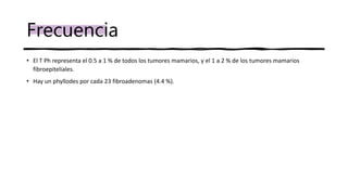 Frecuencia
• El T Ph representa el 0.5 a 1 % de todos los tumores mamarios, y el 1 a 2 % de los tumores mamarios
fibroepiteliales.
• Hay un phyllodes por cada 23 fibroadenomas (4.4 %).
 