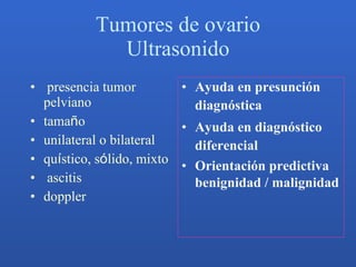 Tumores de ovario Ultrasonido   <ul><li>presencia tumor pelviano </li></ul><ul><li>tama ñ o  </li></ul><ul><li>unilateral ...