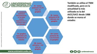 IA - tumor
primario ≥ 0.75
mm, no
ganglios
IB - tumor
primario 0.76-
1.50 mm, no
ganglios
IIA- tumor
primario de
1.51-4.0 mm
no ganglios
IIB- tumor
primario > 4.0
mm no
ganglios
III- ganglios
regionales y/o
metástasis en
tránsito
IV - metástasis
sistémicas
Recientemente
se ha dado
mucha
importancia a si
el tumor está o
no ulcerado.
También se utiliza el TNM
modificado, pero en la
actualidad la más
utilizada es la del
AJCC/UICC desde 1988
donde se marca el
estadio:
 