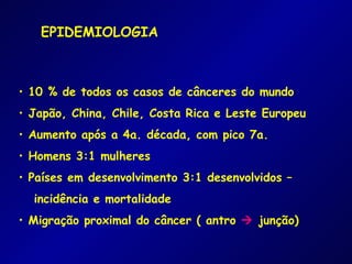 EPIDEMIOLOGIA



• 10 % de todos os casos de cânceres do mundo
• Japão, China, Chile, Costa Rica e Leste Europeu
• Aumento após a 4a. década, com pico 7a.
• Homens 3:1 mulheres
• Países em desenvolvimento 3:1 desenvolvidos –
  incidência e mortalidade
• Migração proximal do câncer ( antro  junção)
 
