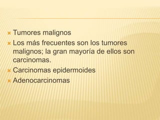  Tumores malignos
 Los más frecuentes son los tumores
malignos; la gran mayoría de ellos son
carcinomas.
 Carcinomas epidermoides
 Adenocarcinomas
 