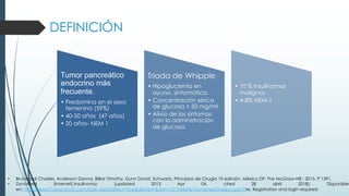 DEFINICIÓN
Tumor pancreático
endocrino más
frecuente.
• Predomina en el sexo
femenino (59%)
• 40-50 años (47 años)
• 20 años- NEM 1
Triada de Whipple
• Hipoglucemia en
ayuno, sintomática.
• Concentración sérica
de glucosa < 50 mg/ml
• Alivio de los síntomas
con la administración
de glucosa.
• 10 % Insulinomas
malignos
• 4-8% NEM-1
• Brunicardi Charles, Anderson Danna, Billiar Timothy, Dunn David. Schwartz, Principios de Cirugía 10 edición. México DF: The McGraw-Hill ; 2015. P 1391.
• DynaMed [Internet],Insulinoma; [updated 2013 Apr 04, cited 28 abril 2018]; Disponible
en: http://search.ebscohost.com/login.aspx?direct=true&db=dnh&AN=115754&site=dynamed-live&scope=site. Registration and login required.
 