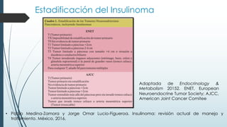 Estadificación del Insulinoma
• Pablo Medina-Zamora y Jorge Omar Lucio-Figueroa. Insulinoma: revisión actual de manejo y
tratamiento. México, 2016.
Adaptada de Endocrinology &
Metabolism 20152. ENET, European
Neuroendocrine Tumor Society; AJCC,
American Joint Cancer Comitee
 