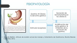 Gastrina à Células
G del antro gástrico
Estimular receptores
Acidificación del
antro gástrico à
Inhibición de la
secreción de
gastrina.
Secreción de
Somatostatina en
las células D.
FISIOPATOLOGÍA
• Marcelo Beltrán. Artículo de revisión actual de manejo y tratamiento de Gastrinoma. Revista Elsevier,
Colombia, 2016.
 