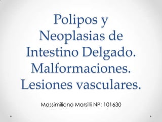Polipos y
Neoplasias de
Intestino Delgado.
Malformaciones.
Lesiones vasculares.
Massimiliano Marsilli NP: 101630
 