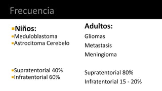 GeneralidadesSon comunes en todas las edades Invaden y destruyen el tejido normalProduciendo afectación de las funciones sensitivo-motora Cognitiva, Elevación de la presión intracranealEdema cerebral Compresión del tejido cerebralPares craneales  Vasos cerebrales.