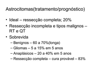 Astrocitomas(tratamento/prognóstico) 
• Ideal – ressecção completa; 20% 
• Ressecção incompleta e tipos malignos – 
RT e QT 
• Sobrevida 
– Benignos – 60 a 70%(longa) 
– Gliomas – 5 a 15% em 5 anos 
– Anaplásicos – 20 a 40% em 5 anos 
– Ressecção completa – cura provável – 83% 
 