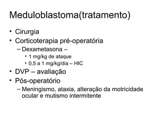 Meduloblastoma(tratamento) 
• Cirurgia 
• Corticoterapia pré-operatória 
– Dexametasona – 
• 1 mg/kg de ataque 
• 0,5 a 1 mg/kg/dia – HIC 
• DVP – avaliação 
• Pós-operatório 
– Meningismo, ataxia, alteração da motricidade 
ocular e mutismo intermitente 
 