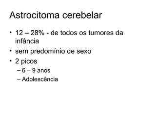 Astrocitoma cerebelar 
• 12 – 28% - de todos os tumores da 
infância 
• sem predomínio de sexo 
• 2 picos 
– 6 – 9 anos 
– Adolescência 
 