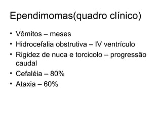 Ependimomas(quadro clínico) 
• Vômitos – meses 
• Hidrocefalia obstrutiva – IV ventrículo 
• Rigidez de nuca e torcicolo – progressão 
caudal 
• Cefaléia – 80% 
• Ataxia – 60% 
 