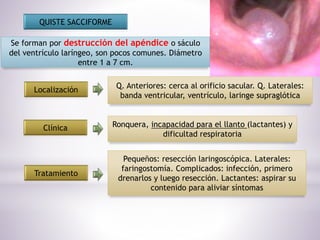 QUISTE SACCIFORME
Se forman por destrucción del apéndice o sáculo
del ventrículo laríngeo, son pocos comunes. Diámetro
entre 1 a 7 cm.
Clínica
Localización Q. Anteriores: cerca al orificio sacular. Q. Laterales:
banda ventricular, ventrículo, laringe supraglótica
Ronquera, incapacidad para el llanto (lactantes) y
dificultad respiratoria
Tratamiento
Pequeños: resección laringoscópica. Laterales:
faringostomía. Complicados: infección, primero
drenarlos y luego resección. Lactantes: aspirar su
contenido para aliviar síntomas
 