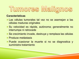 Características
 Las células tumorales tal vez no se asemejan a las
  células maduras originales
 Su velocidad es rápida, autónoma; generalmente no
  interrumpe ni retrocede
 Se crecimiento invade, destruye y remplaza las células
 Produce metástasis
 Puede ocasionar la muerte si no se diagnostica y
  suministra tratamiento
 
