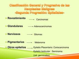  Revestimiento
                       Carcinomas


 Glandulares       Adenocarcinomas


 Nerviosos         Gliomas


 Pigmentarios       Melanoma

 Otros epitelios   Epitelio Placentario: Coriocarcinoma
                    Epitelio testicular : Seminoma
                    (cel. germinales)
 