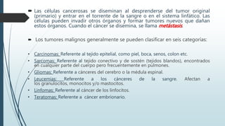  Las células cancerosas se diseminan al desprenderse del tumor original
(primario) y entrar en el torrente de la sangre o en el sistema linfático. Las
células pueden invadir otros órganos y formar tumores nuevos que dañan
estos órganos. Cuando el cáncer se disemina, se llama metástasis.
 Los tumores malignos generalmente se pueden clasificar en seis categorías:
• Carcinomas: Referente al tejido epitelial, como piel, boca, senos, colon etc.
• Sarcomas: Referente al tejido conectivo y de sostén (tejidos blandos), encontrados
en cualquier parte del cuerpo pero frecuentemente en pulmones.
• Gliomas: Referente a cánceres del cerebro o la médula espinal.
• Leucemias: Referente a los cánceres de la sangre. Afectan a
los granulocitos, monocitos y/o mastocitos.
• Linfomas: Referente al cáncer de los linfocitos.
• Teratomas: Referente a cáncer embrionario.
 