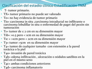 Clasificación del estadio clínico Estadificación TNM T- tumor primario. TX= tumor primario no puede ser valorado T0= no hay evidencia de tumor primario Tis= carcinoma in situ ,carcinoma intraductal no infiltrante o carcinoma lobulillar in situ o enfermedad de paget del pezón sin tumoración T1= tumor de ≤ 2 cm en su dimensión mayor T1b= >0.5 pero < 1cm en su dimensión mayor  T1c = >1cm pero < 2cm en su dimensión mayor  T3= tumor >5cm  en su dimensión mayor T4= tumor de cualquier tamaño  con extensión a la pared torácica o la piel  T4a= invasión de pared torácica T4b= edema infiltración , ulceración o nódulos satélites en la piel en el mismo seno T4c= ambas condiciones anteriores T4d= carcinoma inflamatorio 