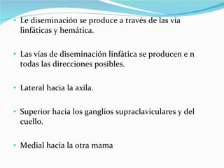 Le diseminación se produce a través de las vía linfáticas y hemática. Las vías de diseminación linfática se producen e n todas las direcciones posibles. Lateral hacia la axila. Superior hacia los ganglios supraclaviculares y del cuello. Medial hacia la otra mama 