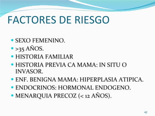 FACTORES DE RIESGO SEXO FEMENINO. >35 AÑOS. HISTORIA FAMILIAR HISTORIA PREVIA CA MAMA: IN SITU O INVASOR. ENF. BENIGNA MAMA: HIPERPLASIA ATIPICA. ENDOCRINOS: HORMONAL ENDOGENO. MENARQUIA PRECOZ (< 12 AÑOS). 
